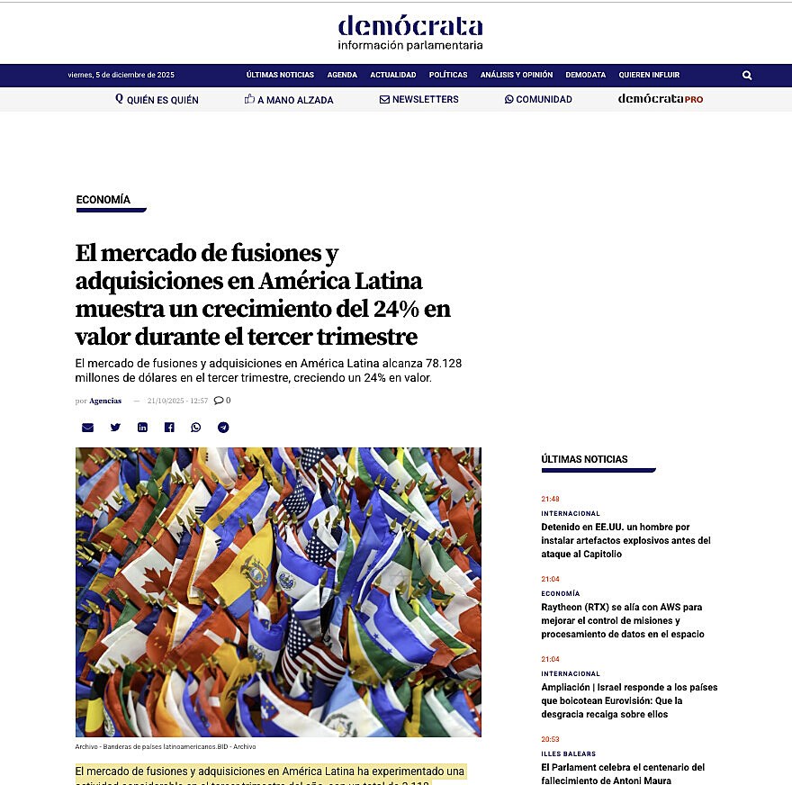 El mercado de fusiones y adquisiciones en Amrica Latina muestra un crecimiento del 24% en valor durante el tercer trimestre